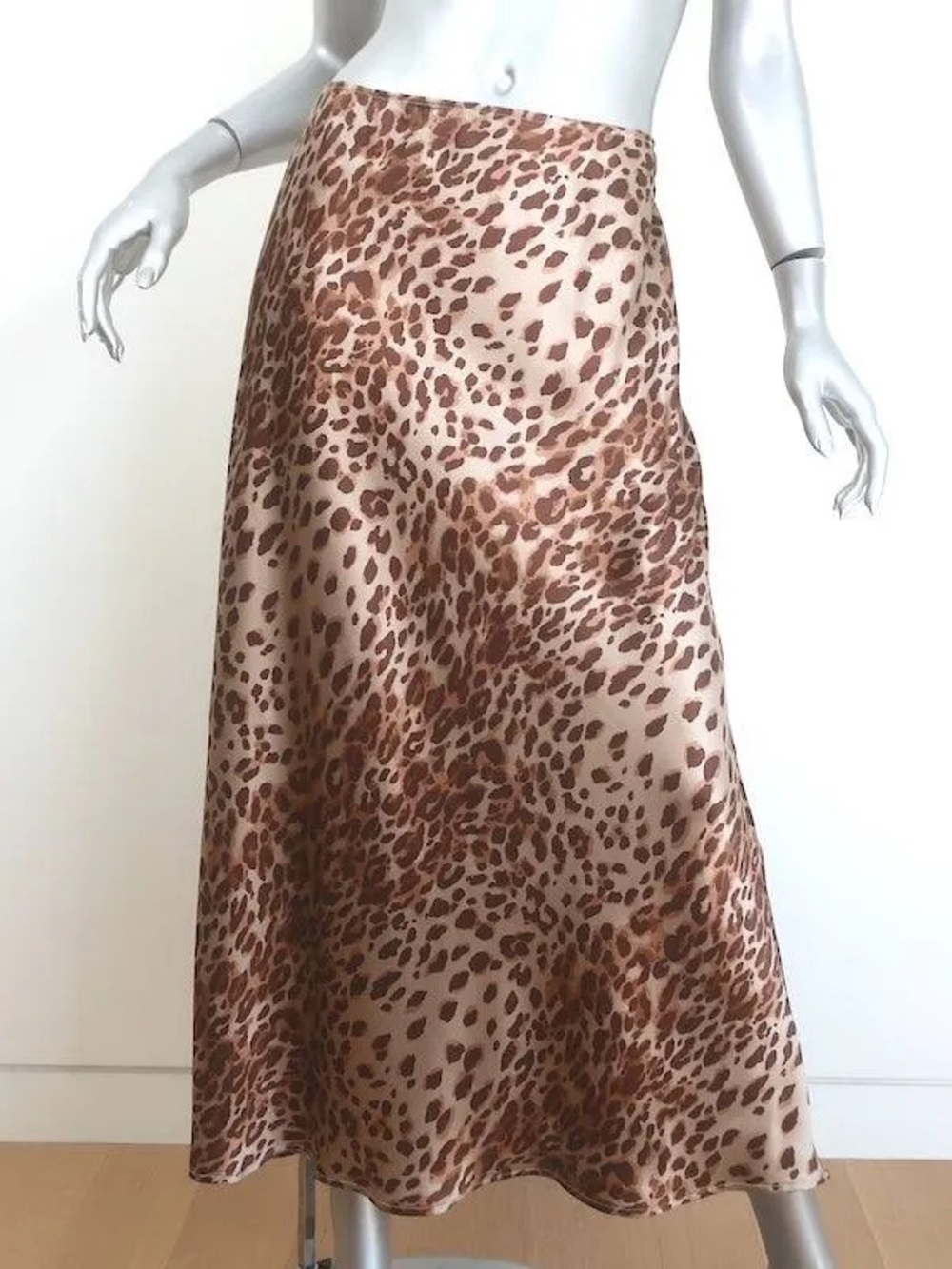 Reformation Leopard Print Satin Bias Midi Skirt in Beige and Brown